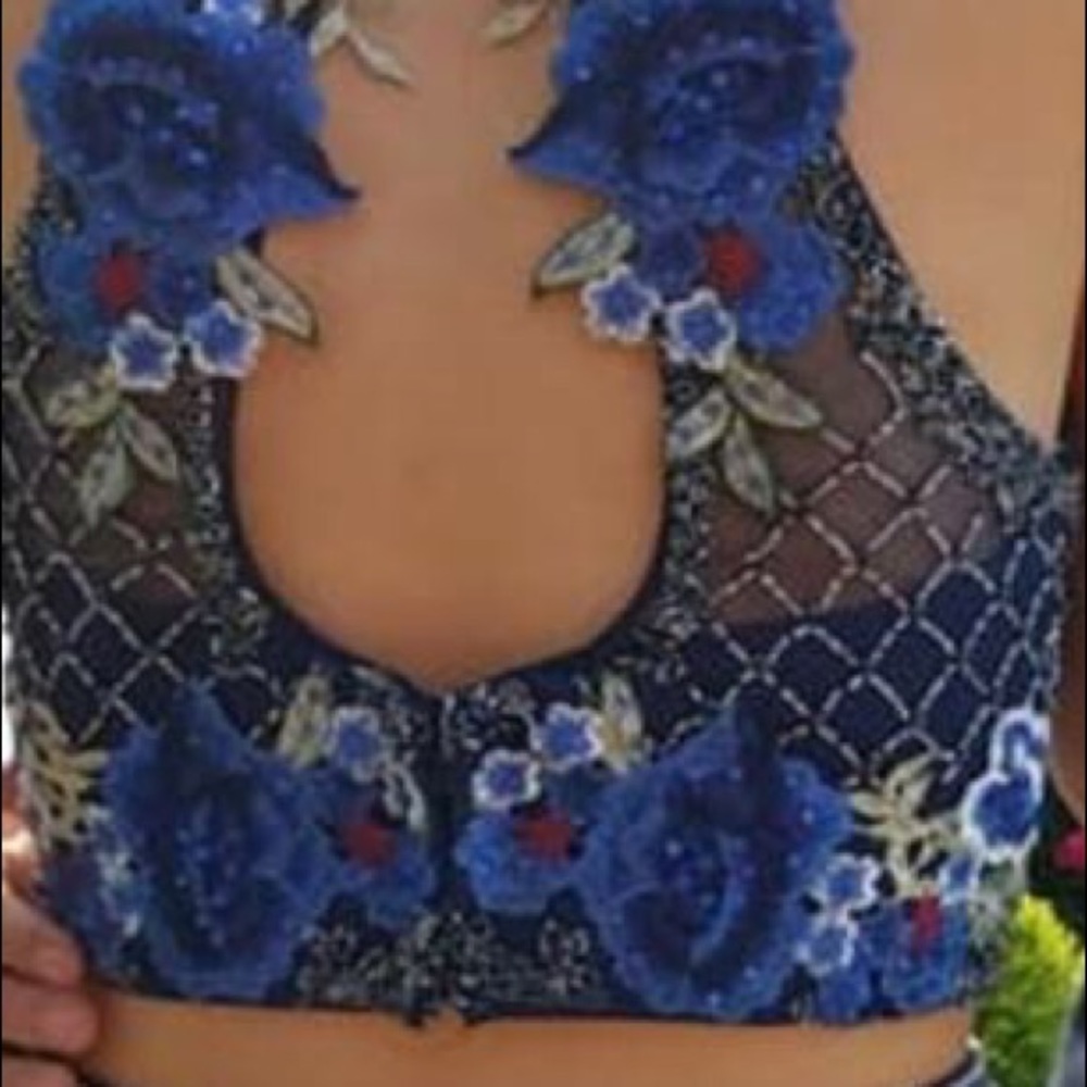 Navy Blue Floral Two Piece Gown - Picture 2 of 2